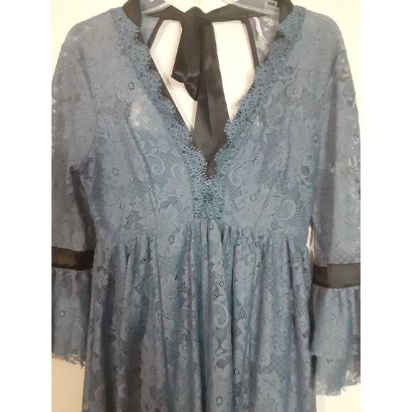 Free People Gilded Lace Victorian Mini Dress Dusty Blue Small P - Picture 15 of 15